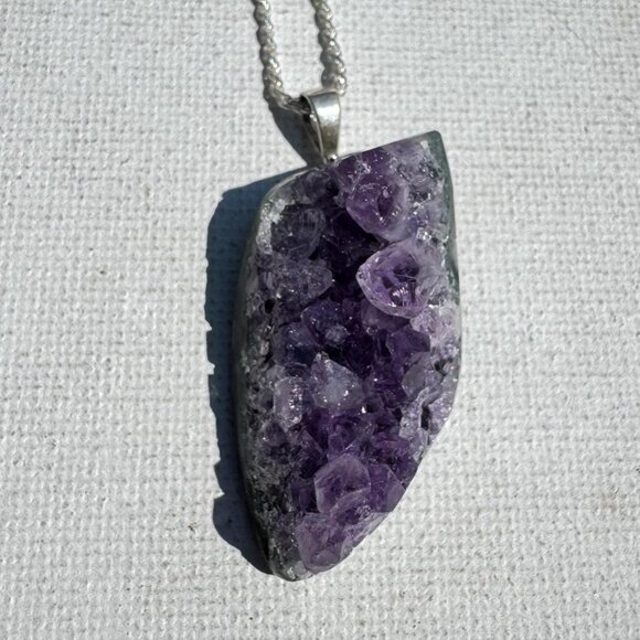 Amethyst Druzy Natural Hand Cut Pendant Sterling Silver 925 Chain - Picture 5 of 6